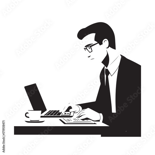 Black and white line art of a hardworking man at office desk with laptop and documents minimalist illustration