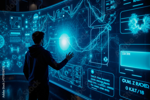 Teenage Asian boy interacting with large curved digital touchscreen displaying complex data visualizations and futuristic interface elements in high tech environment