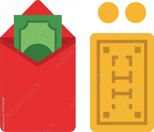 Red envelope with money gold bar coins chinese new year prosperity fortune wealth luck vector