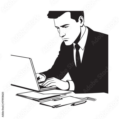 Black and white line art of a hardworking man at office desk with laptop and documents minimalist illustration
