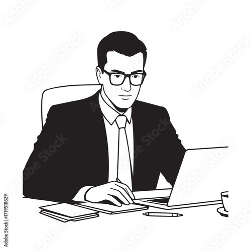 Black and white line art of a hardworking man at office desk with laptop and documents minimalist illustration