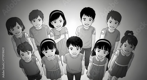 vaccinated children looking up a group of kids showing their bandaged arms after vaccination promoting child healthcare and medical campaign prevention
