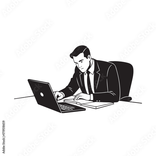 Black and white line art of a hardworking man at office desk with laptop and documents minimalist illustration