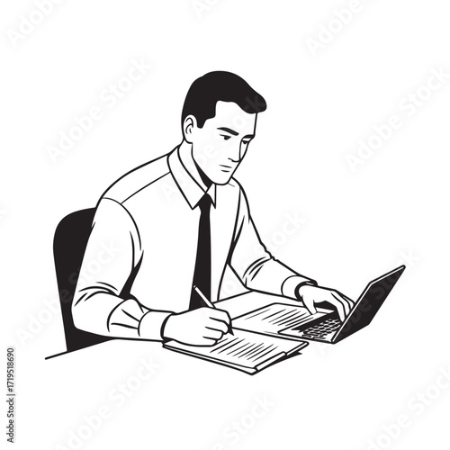 Black and white line art of a hardworking man at office desk with laptop and documents minimalist illustration