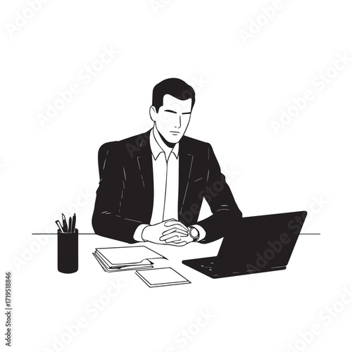 Black and white line art of a hardworking man at office desk with laptop and documents minimalist illustration