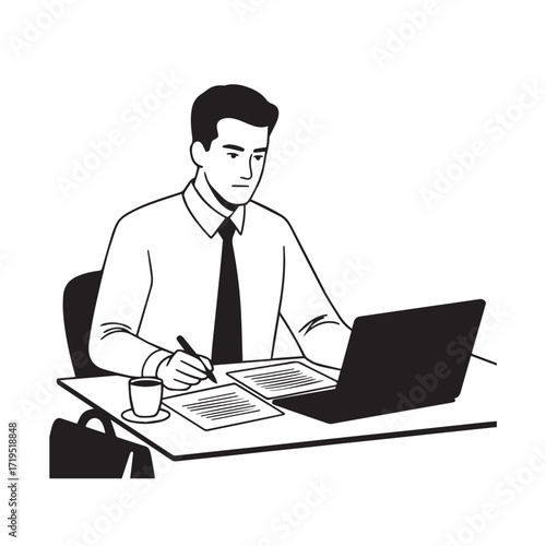 Black and white line art of a hardworking man at office desk with laptop and documents minimalist illustration