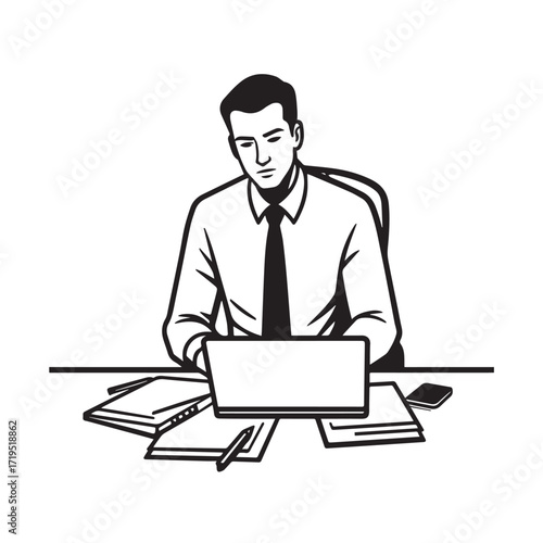 Black and white line art of a hardworking man at office desk with laptop and documents minimalist illustration