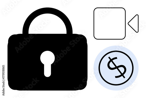 Black padlock with keyhole, a camera icon, and dollar coin. Ideal for security, privacy, surveillance, financial transactions, data protection, online safety simple flat metaphor
