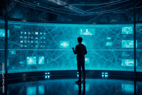Teenage boy standing in front of large curved digital screen interacting with futuristic virtual interface displaying data charts and network connections in dark high tech environment