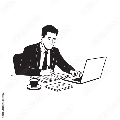 Black and white line art of a hardworking man at office desk with laptop and documents minimalist illustration
