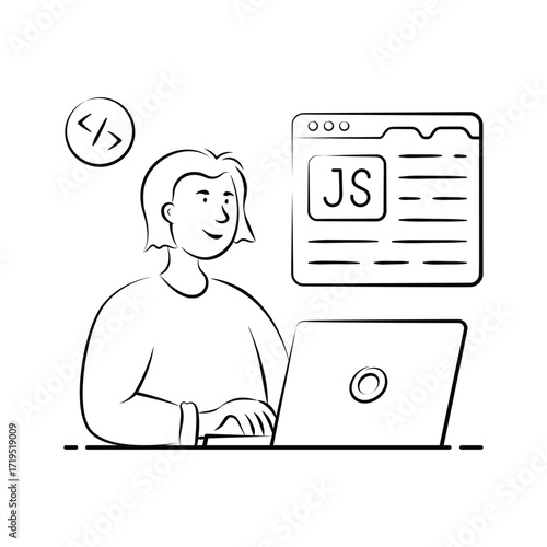 A stylized illustration of a woman happily coding JavaScript on a laptop.