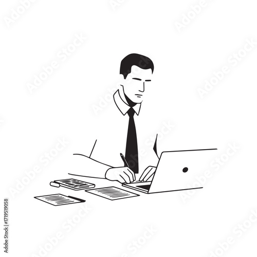 Black and white line art of a hardworking man at office desk with laptop and documents minimalist illustration