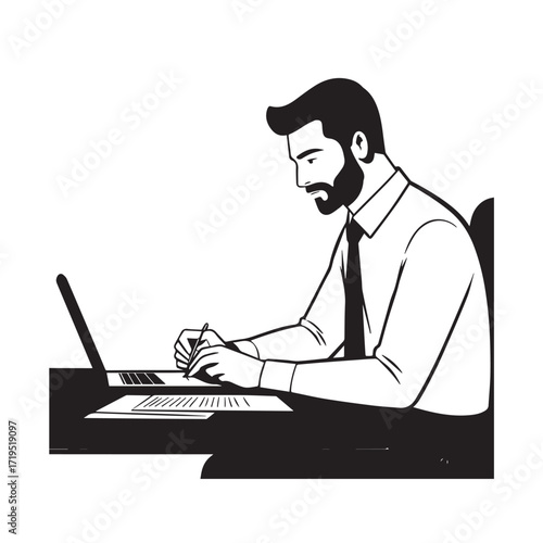 Black and white line art of a hardworking man at office desk with laptop and documents minimalist illustration