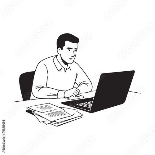 Black and white line art of a hardworking man at office desk with laptop and documents minimalist illustration
