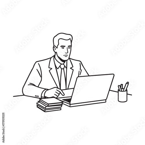 Black and white line art of a hardworking man at office desk with laptop and documents minimalist illustration
