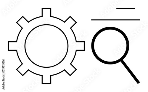 Gear icon paired with magnifying glass and lines conveys exploration, process improvement, and analysis. Ideal for search, settings, efficiency, research, investigation, strategy problem-solving