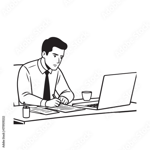 Black and white line art of a hardworking man at office desk with laptop and documents minimalist illustration