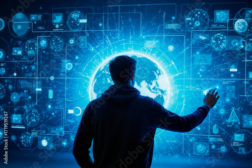man interacting with large digital globe interface, touching virtual screen filled with futuristic data visualizations and scientific diagrams, technology concept
