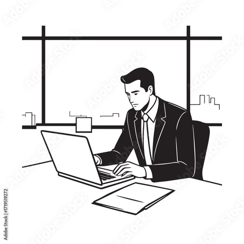 Black and white line art of a hardworking man at office desk with laptop and documents minimalist illustration