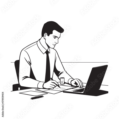 Black and white line art of a hardworking man at office desk with laptop and documents minimalist illustration