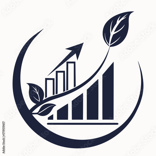 Green growth and financial success represented by a rising bar chart with leaves and an upward arrow