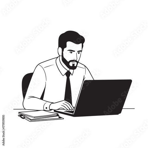 Black and white line art of a hardworking man at office desk with laptop and documents minimalist illustration