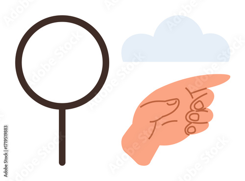 Hand pointing to cloud with magnifying glass nearby symbolizing guidance, search, or cloud-based solutions. Ideal for navigation, technology, cloud computing, research, discovery, ideas connection