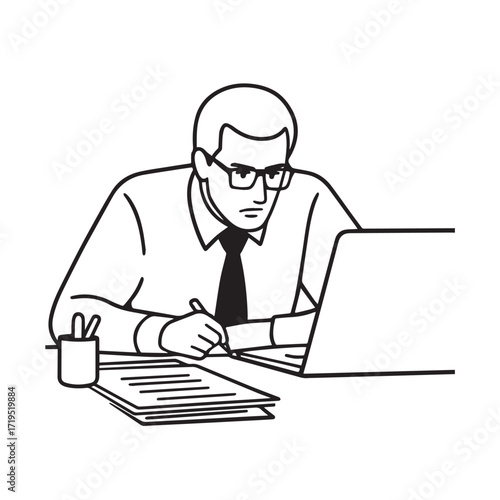 Black and white line art of a hardworking man at office desk with laptop and documents minimalist illustration