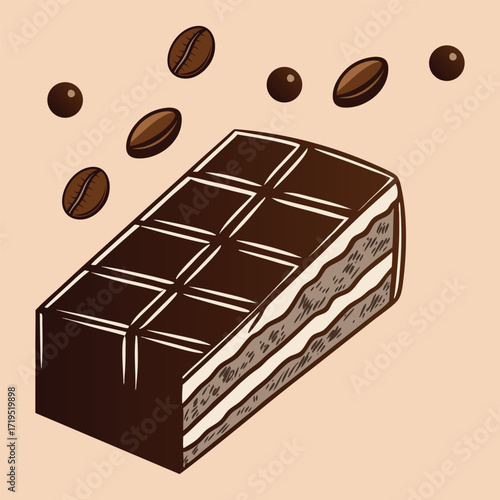 Delicious hand drawn chocolate bar slice with coffee beans floating above on a simple background