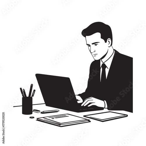 Black and white line art of a hardworking man at office desk with laptop and documents minimalist illustration