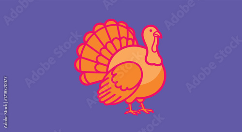 A stylized illustration of a bright orange turkey stands proudly against a vibrant purple background.