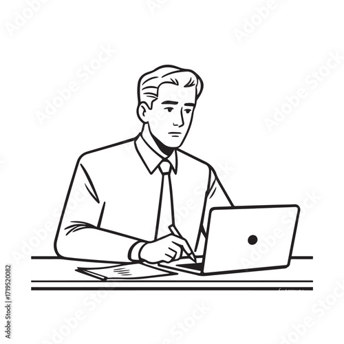 Black and white line art of a hardworking man at office desk with laptop and documents minimalist illustration