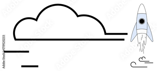 Rocket launching with trails of smoke and a cloud in simple design. Ideal for innovation, growth, success, technology, startup, progress, creativity themes. Clean simple flat metaphor