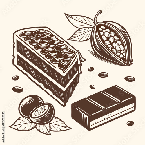 Hand drawn illustration of a chocolate cake slice cocoa pod chocolate bar and passion fruit with leaves