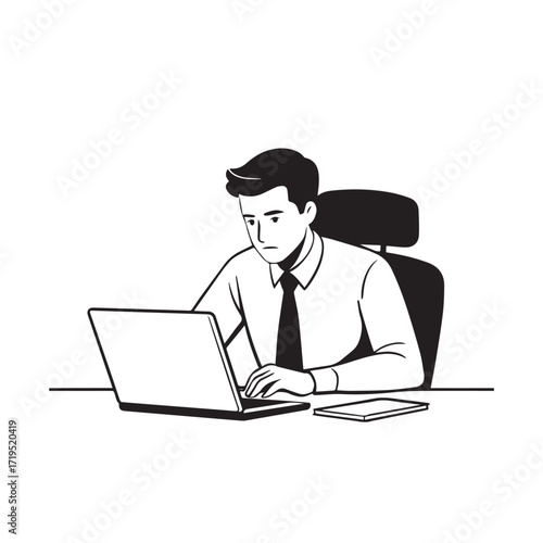 Black and white line art of a hardworking man at office desk with laptop and documents minimalist illustration