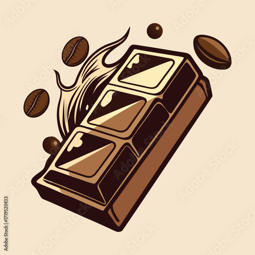 Delicious dark chocolate bar with coffee beans and swirling flames illustration