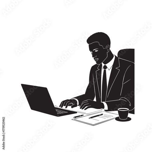 Black and white line art of a hardworking man at office desk with laptop and documents minimalist illustration