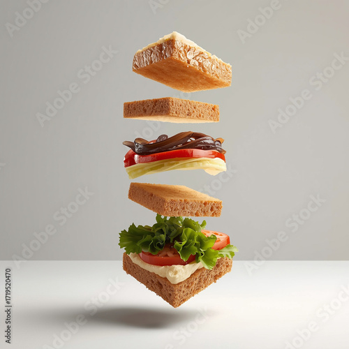 Abstract concept of sandwich ingredients floating apart in vertical arrangement, bread, filling, and garnish separated mid-air, realistic textures highlighted by rim light, clean minimal