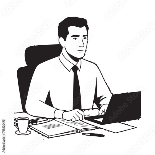 Black and white line art of a hardworking man at office desk with laptop and documents minimalist illustration