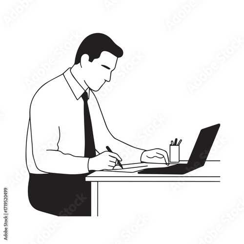 Black and white line art of a hardworking man at office desk with laptop and documents minimalist illustration