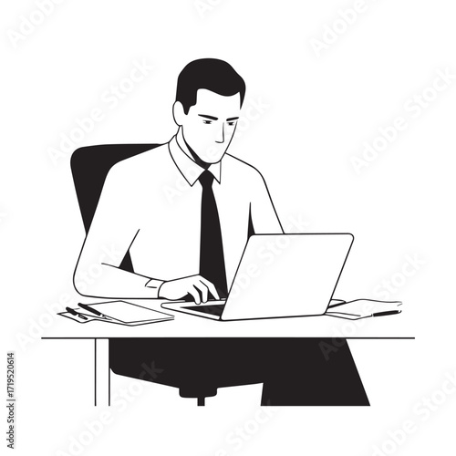 Black and white line art of a hardworking man at office desk with laptop and documents minimalist illustration