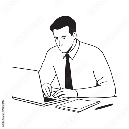 Black and white line art of a hardworking man at office desk with laptop and documents minimalist illustration