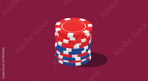 A stack of red and blue casino chips casting a shadow on a deep red background.