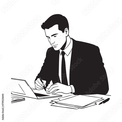 Black and white line art of a hardworking man at office desk with laptop and documents minimalist illustration
