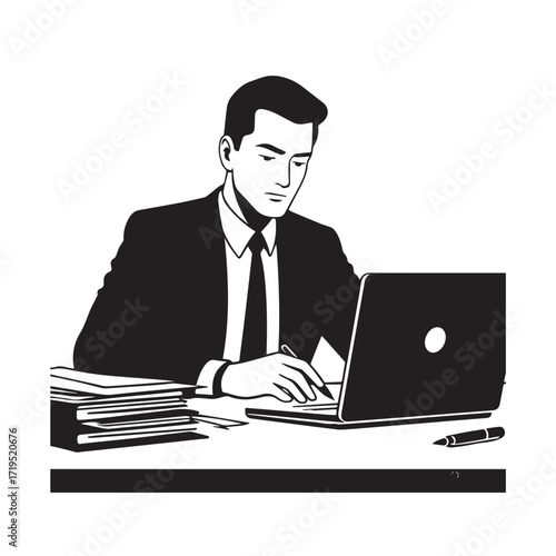 Black and white line art of a hardworking man at office desk with laptop and documents minimalist illustration