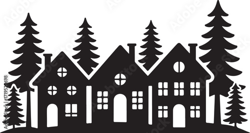 Cozy Village Silhouette with Christmas Trees