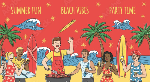 Summer beach party with barbecue, palm trees, and happy people enjoying summer fun with surfboards