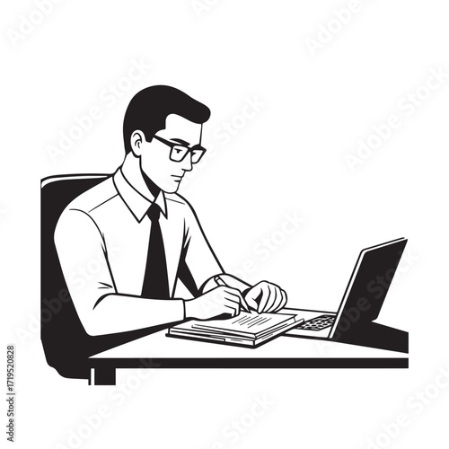 Black and white line art of a hardworking man at office desk with laptop and documents minimalist illustration