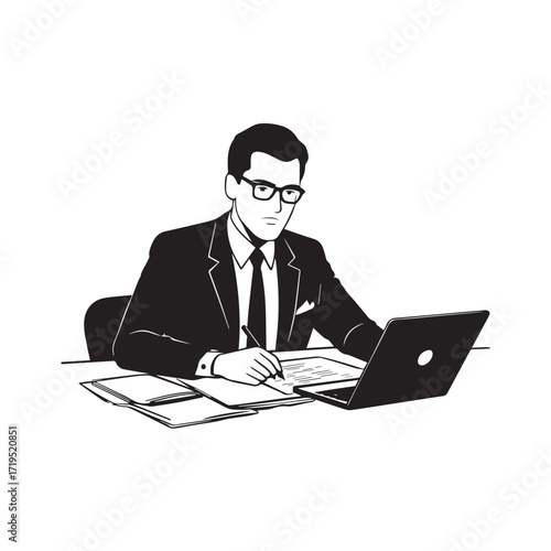 Black and white line art of a hardworking man at office desk with laptop and documents minimalist illustration