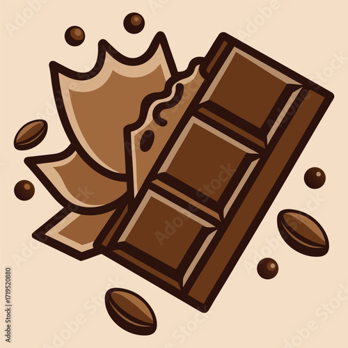 Deliciously decadent dark chocolate bar broken with cocoa beans scattered around